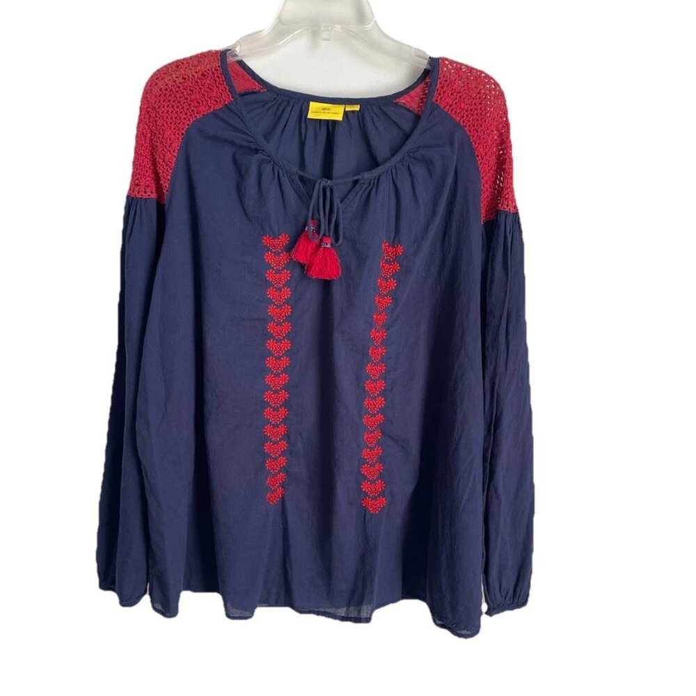 Roberta Roller Rabbit Blue Red Embroidered Heart Popover Top Tassels Peasant